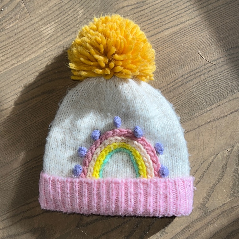 Fuzzy Rainbow Pom Pom Hat 12m